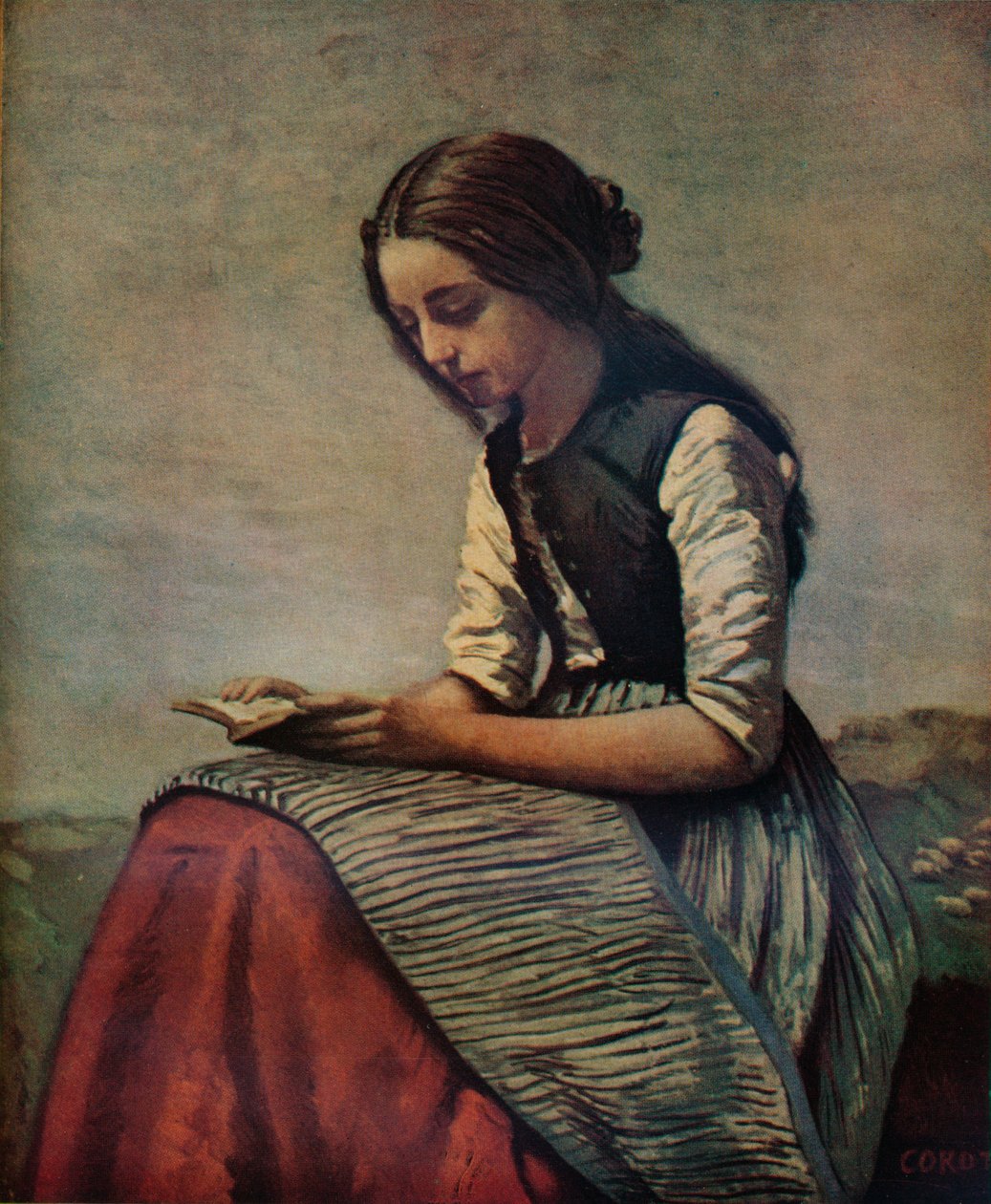 A pequena luz de leitura ou a jovem pastora sentada e lendo, c1855 de Jean Baptiste Camille Corot