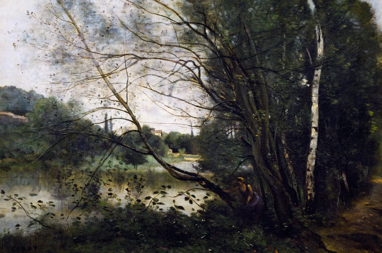 Lago com o tronco inclinado da árvore de Jean Baptiste Camille Corot