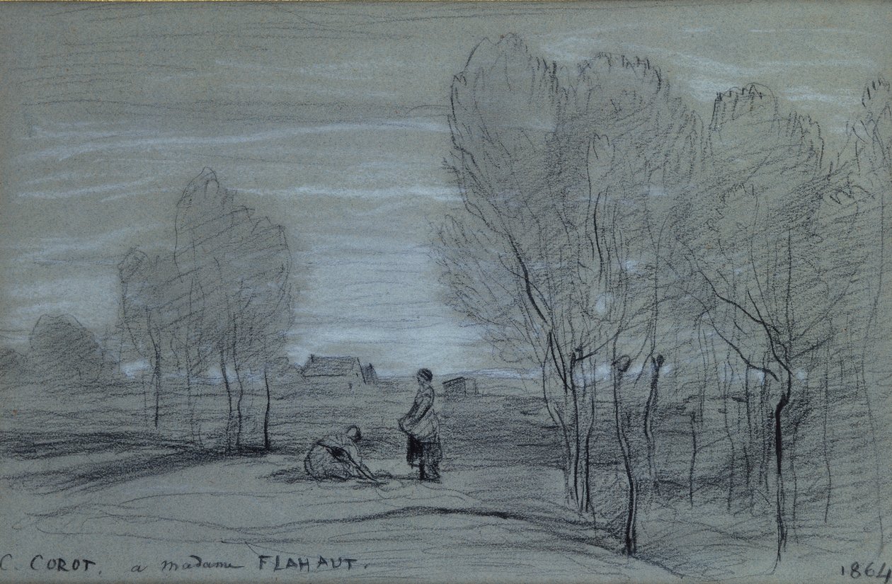 Paisagem, 1864 (giz preto e branco sobre papel) de Jean Baptiste Camille Corot