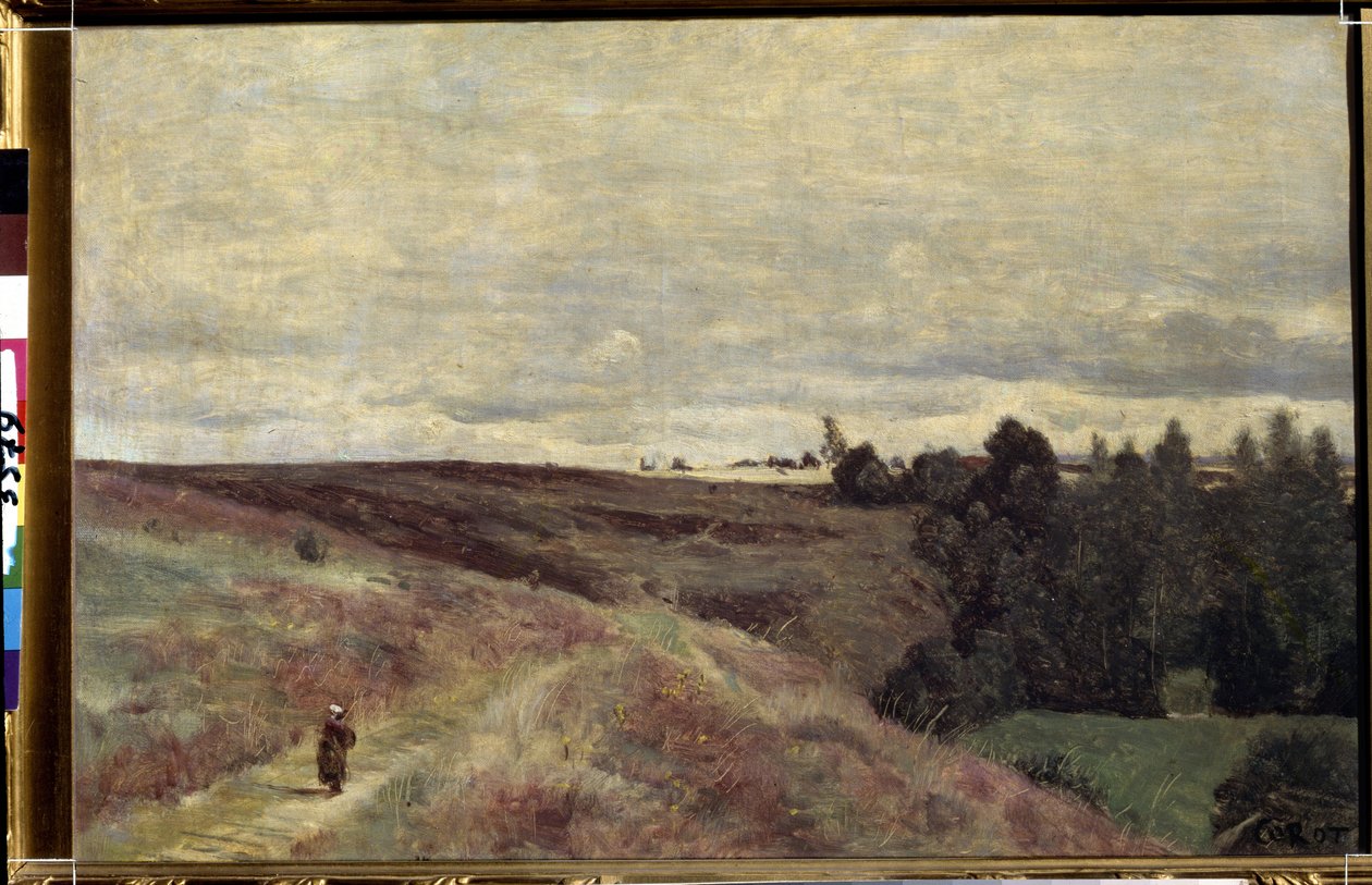 ""As colinas cobertas de urze perto de Vimoutiers na Normandia"" (Colinas cobertas de urze perto de Vimoutiers) Pintura de Camille Corot (1796-1875) por volta de 1860 Pouchkine Museum, Moscou de Jean Baptiste Camille Corot