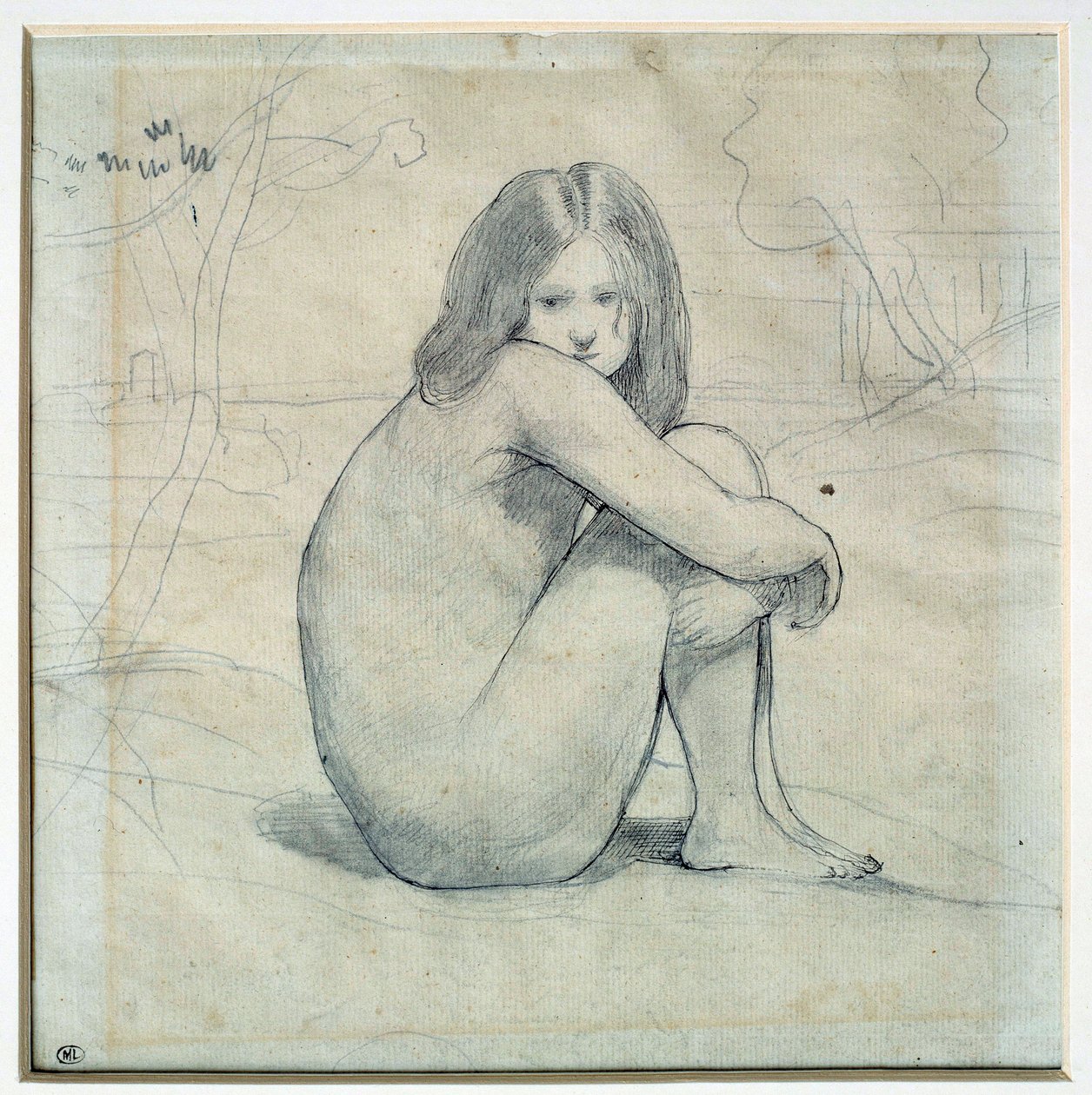 Menina sentada numa paisagem Desenho a lápis e tinta preta de Camille Corot (1796-1875) Sol do século XIX. 0,22x0,26 m Paris, Musee du Louvre de Jean Baptiste Camille Corot
