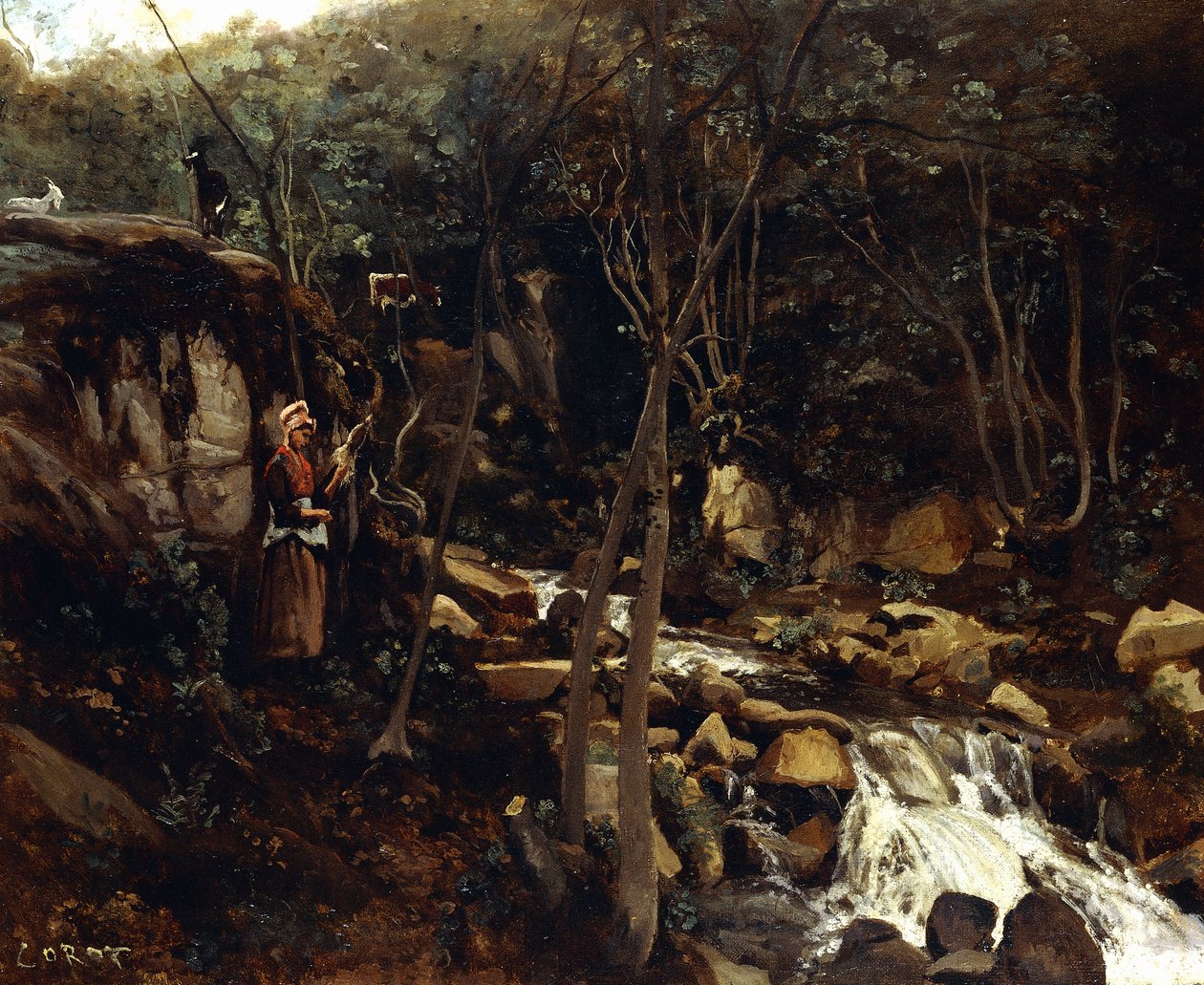 Lormes - Uma torrente com um camponês de pé, lã giratória, 1842 de Jean Baptiste Camille Corot