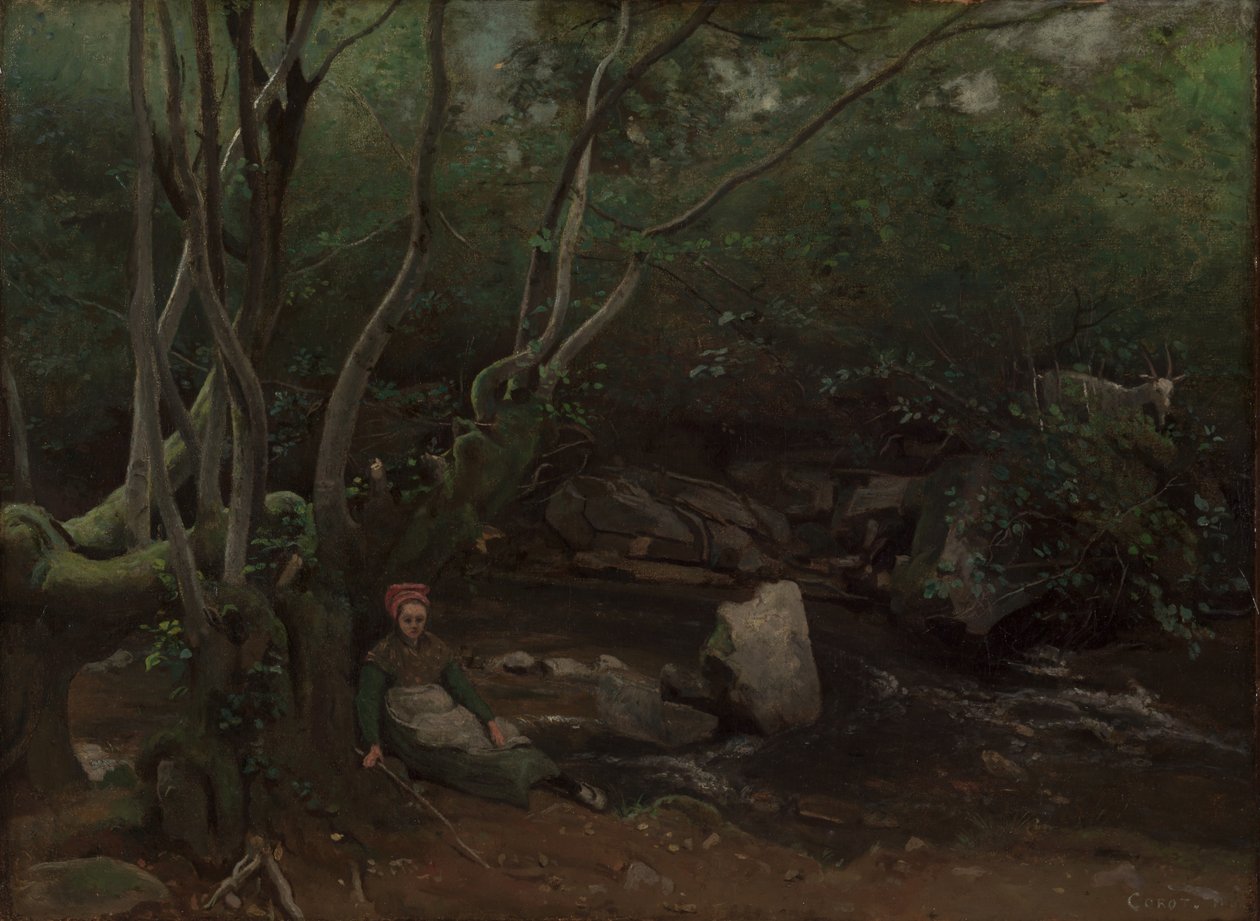Lormes: Garota-cabra sentada ao lado de um riacho em uma floresta de Jean Baptiste Camille Corot