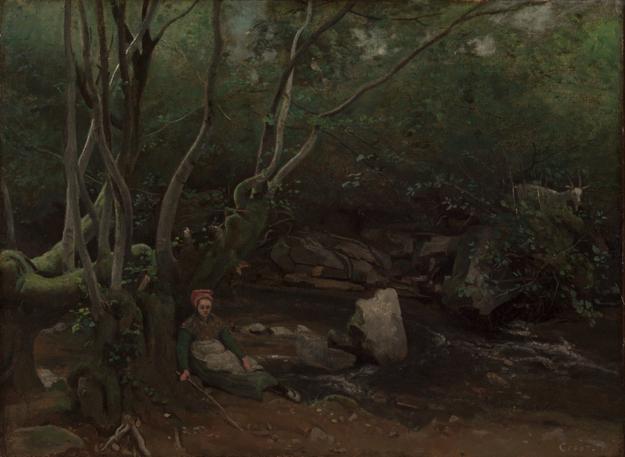 Lormes: cabra-garota sentada ao lado de um riacho na floresta, 1842. de Jean Baptiste Camille Corot