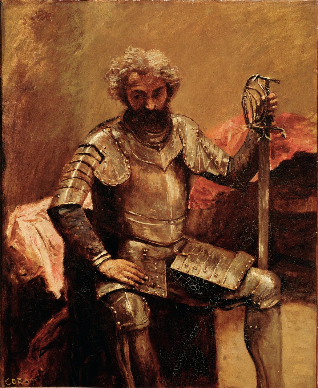 Homem de armadura ou “” Homem de armas sentado ”” Pintura de Jean Baptiste Camille Corot de Jean Baptiste Camille Corot