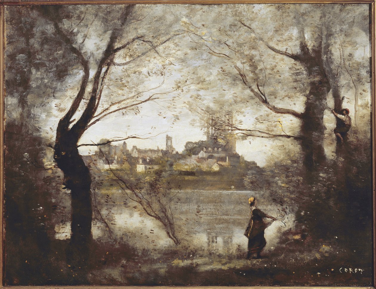 Mantes, catedral e cidade vista através das árvores, à noite (óleo sobre tela de Jean Baptiste Camille Corot