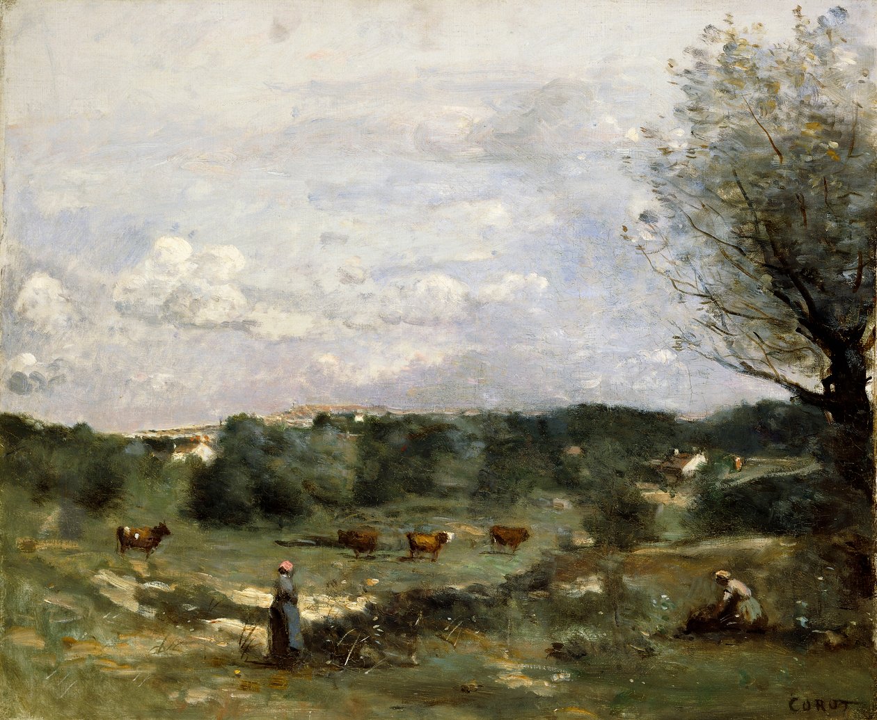 Prado com vacas, um salgueiro à direita e uma vila distante, de Jean Baptiste Camille Corot