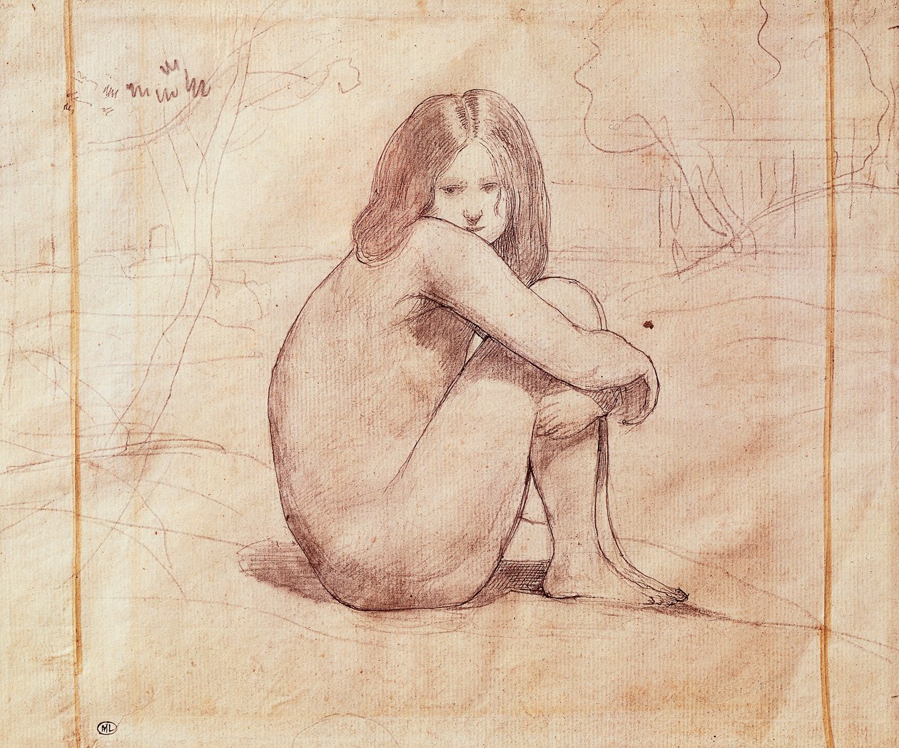 Menina nua sentada, desenho de Jean-Baptiste-Camille Corot (1796-1875) de Jean Baptiste Camille Corot