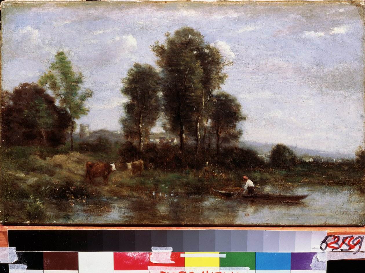 ""Paysage a la riviere"" (Paisagem com um rio) Pintura de Camille Corot (1796-1875) Museu de Arte do Extremo Oriente do século XIX, Khabarovsk, Rússia de Jean Baptiste Camille Corot