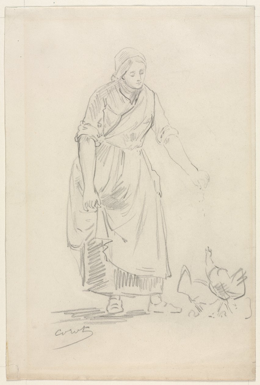 Camponesa alimentando galinhas de Jean Baptiste Camille Corot
