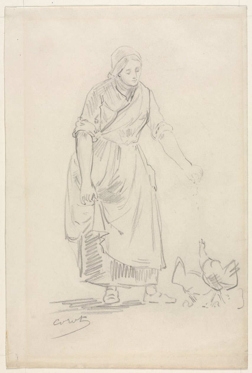 Galinhas de alimentação da menina do camponês, 1800s. de Jean Baptiste Camille Corot