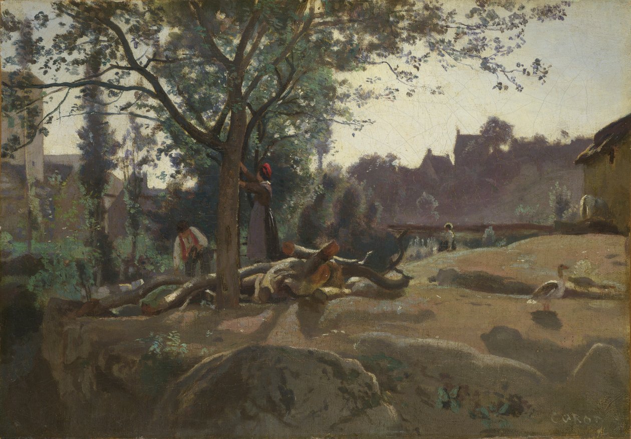 Camponeses sob as árvores ao amanhecer, c. 1843 de Jean Baptiste Camille Corot