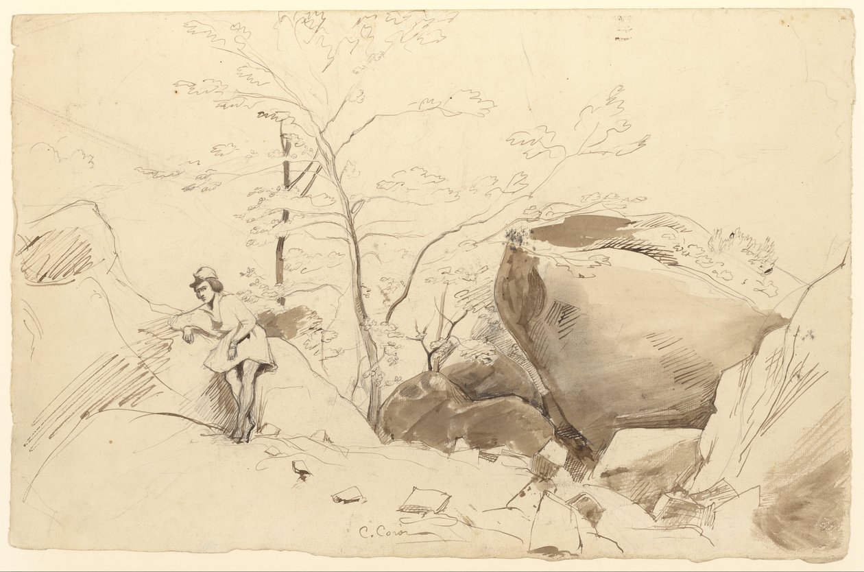 Caneta e tinta castanha, pincel e lavagem castanha sobre lápis sobre papel de Jean Baptiste Camille Corot