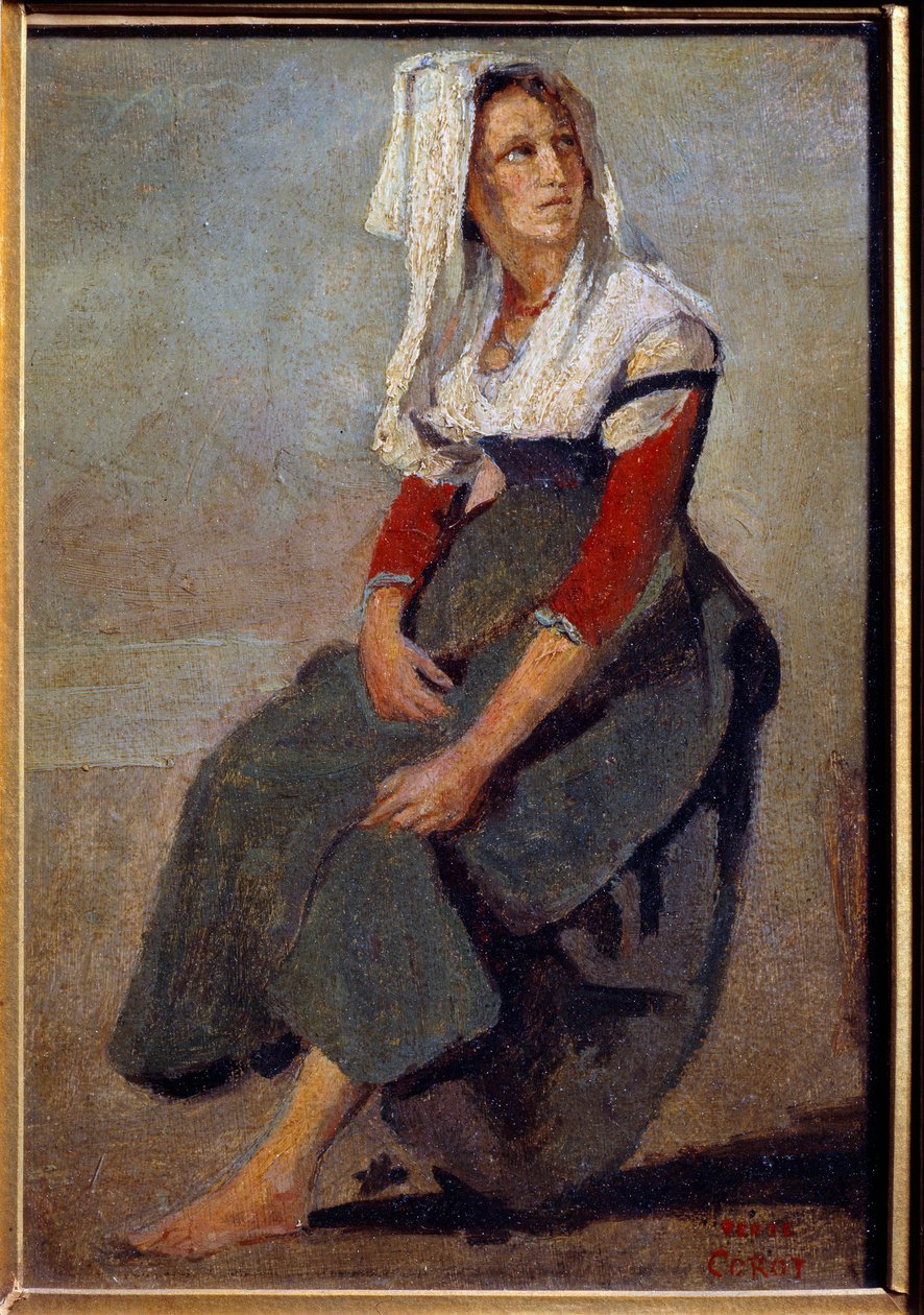 Retrato da italiana Maria de Sorre, sentada com a cabeça erguida Pintura sobre papelão de Camille Corot de Jean Baptiste Camille Corot