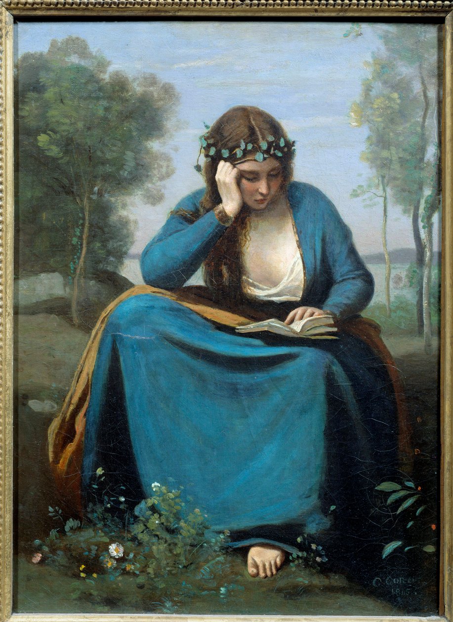Reader Crowned with Flowers or the Muse by Virgile Painting by Camille Corot (1796-1875) 1845 Dim. 0,45x0,34 m de Jean Baptiste Camille Corot