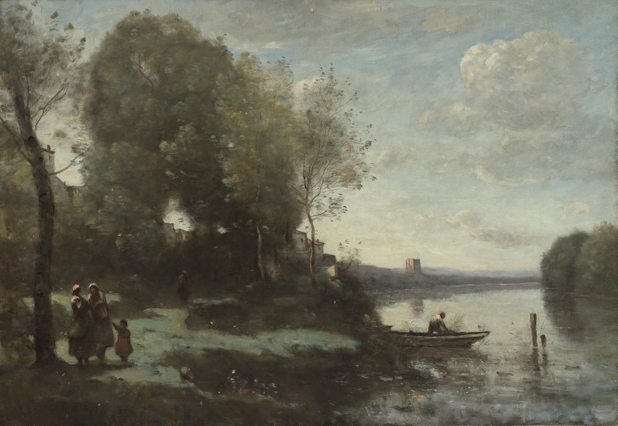Rio com uma Torre Distante, 1865. de Jean Baptiste Camille Corot