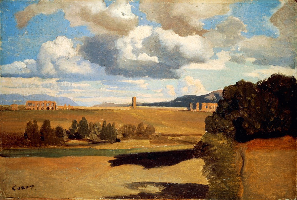 Campagna romana com Claudian Aqueduct, Jean-Baptiste-Camille Corot (1796-1875) de Jean Baptiste Camille Corot