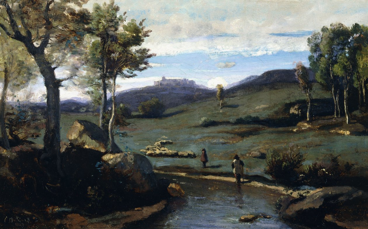Campo romano - vale rochoso com um rebanho de porcos, 1843 de Jean Baptiste Camille Corot