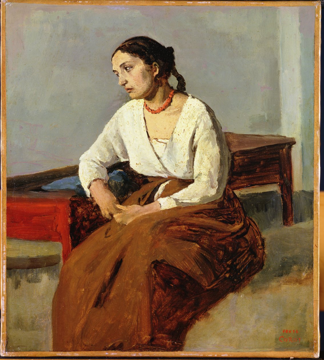 Mulher sentada em saia marrom de Jean Baptiste Camille Corot