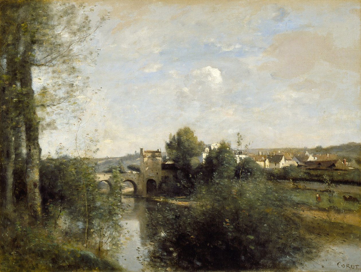 Sena e a Ponte Velha em Limay de Jean Baptiste Camille Corot