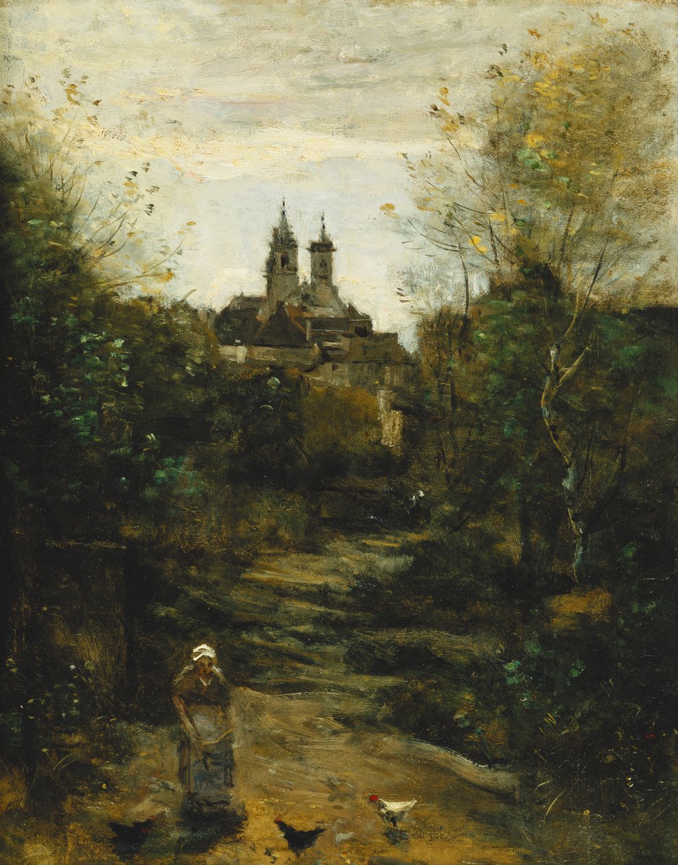 Semur, O Caminho para a Igreja; Semur, Le Chemin de l&39;Eglise, c. 1855-1860 e 1872-1873 de Jean Baptiste Camille Corot