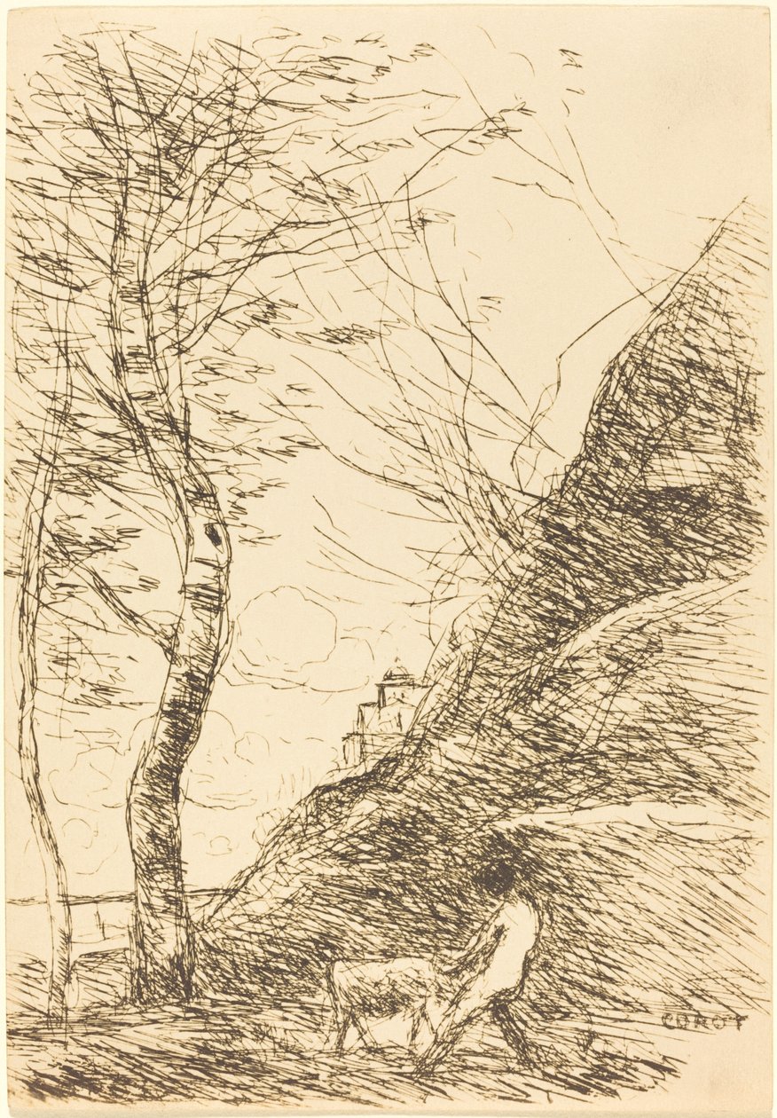 Pastor lutando com uma cabra (Berger luttant avec sa chevre) de Jean Baptiste Camille Corot