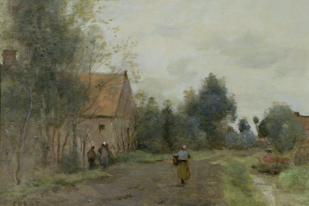 Pecado perto de Douai, Rua da Vila pela Manhã, Tempo Cinzento, 1872 de Jean Baptiste Camille Corot