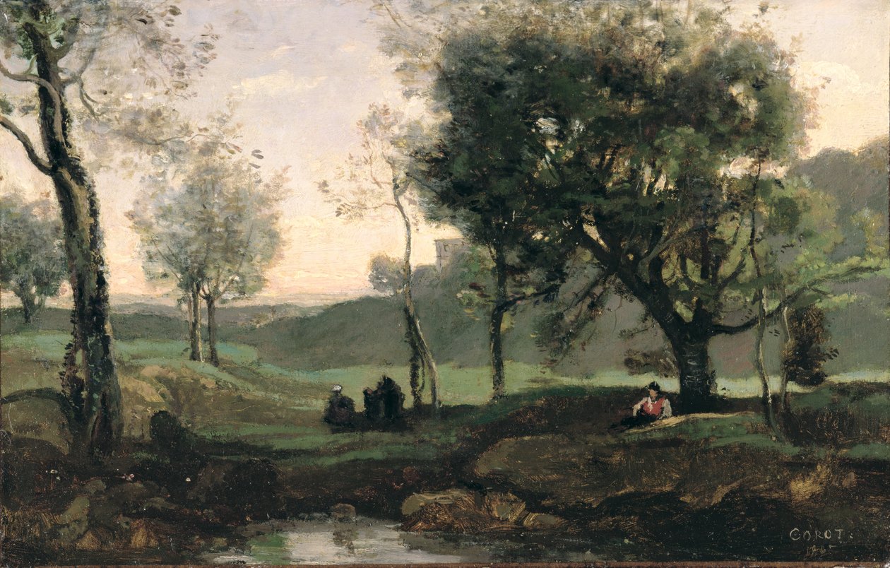 Pôr do sol: Figuras sob as árvores (óleo sobre tela) de Jean Baptiste Camille Corot