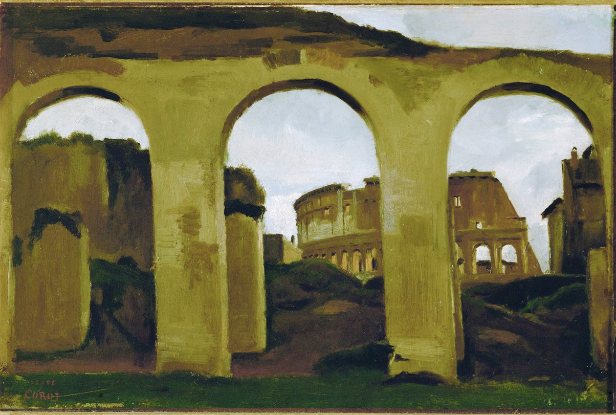 O Coliseu, visto através das Arcadas da Basílica de São Constantino, Roma ... de Jean Baptiste Camille Corot