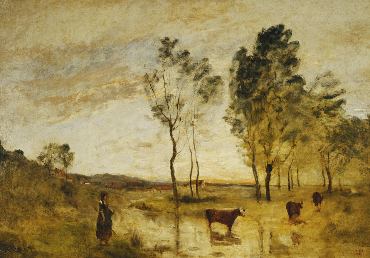 O Ford; Vacas à beira de um Ford; Le Gue; Vacas na Bord du Gue, c.1870-1873 de Jean Baptiste Camille Corot