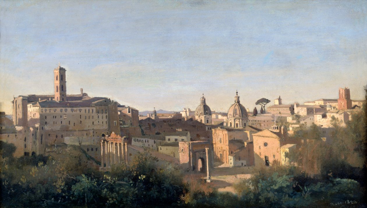 O Fórum Visto dos Jardins Farnese, Roma, 1826 de Jean Baptiste Camille Corot