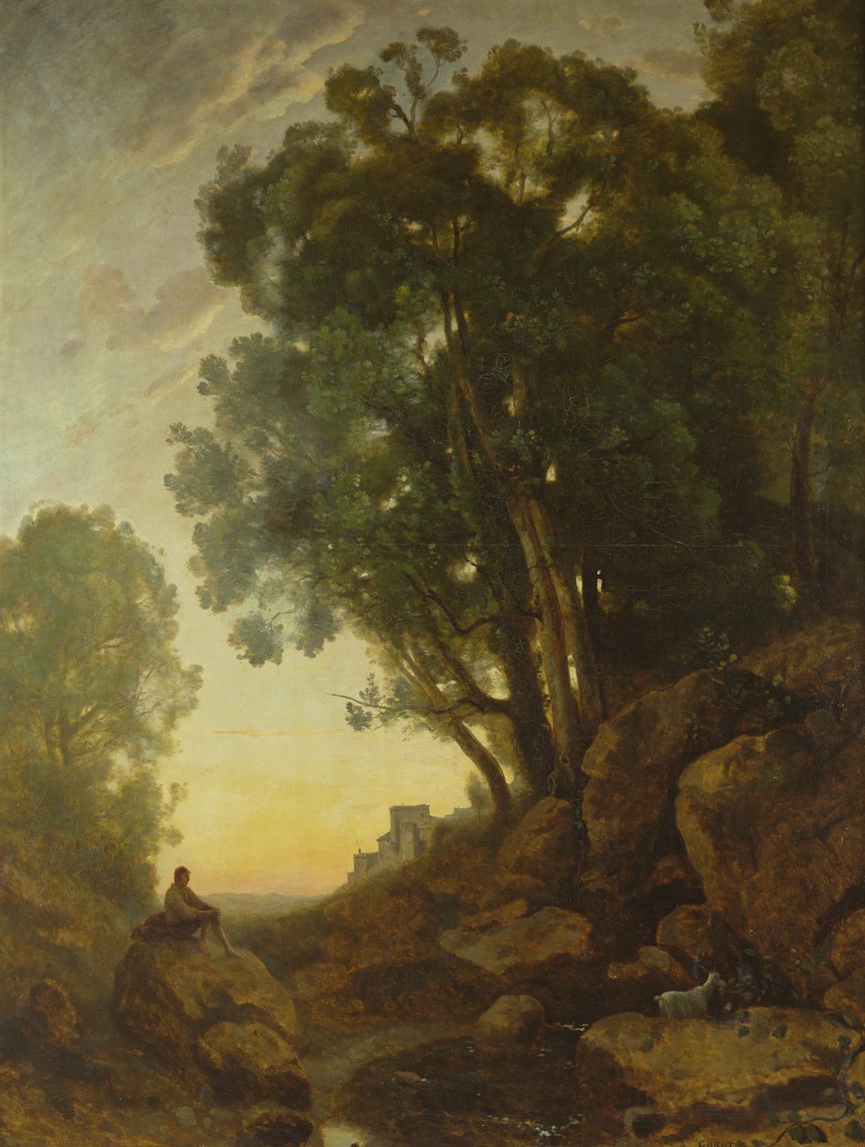 O pastor de cabras italiano, ou o efeito do sol poente, c.1847 de Jean Baptiste Camille Corot