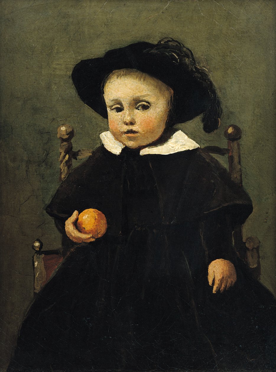 O pintor Adolphe Desbrochers (1841-1902) como uma criança, segurando uma laranja, 1845 de Jean Baptiste Camille Corot