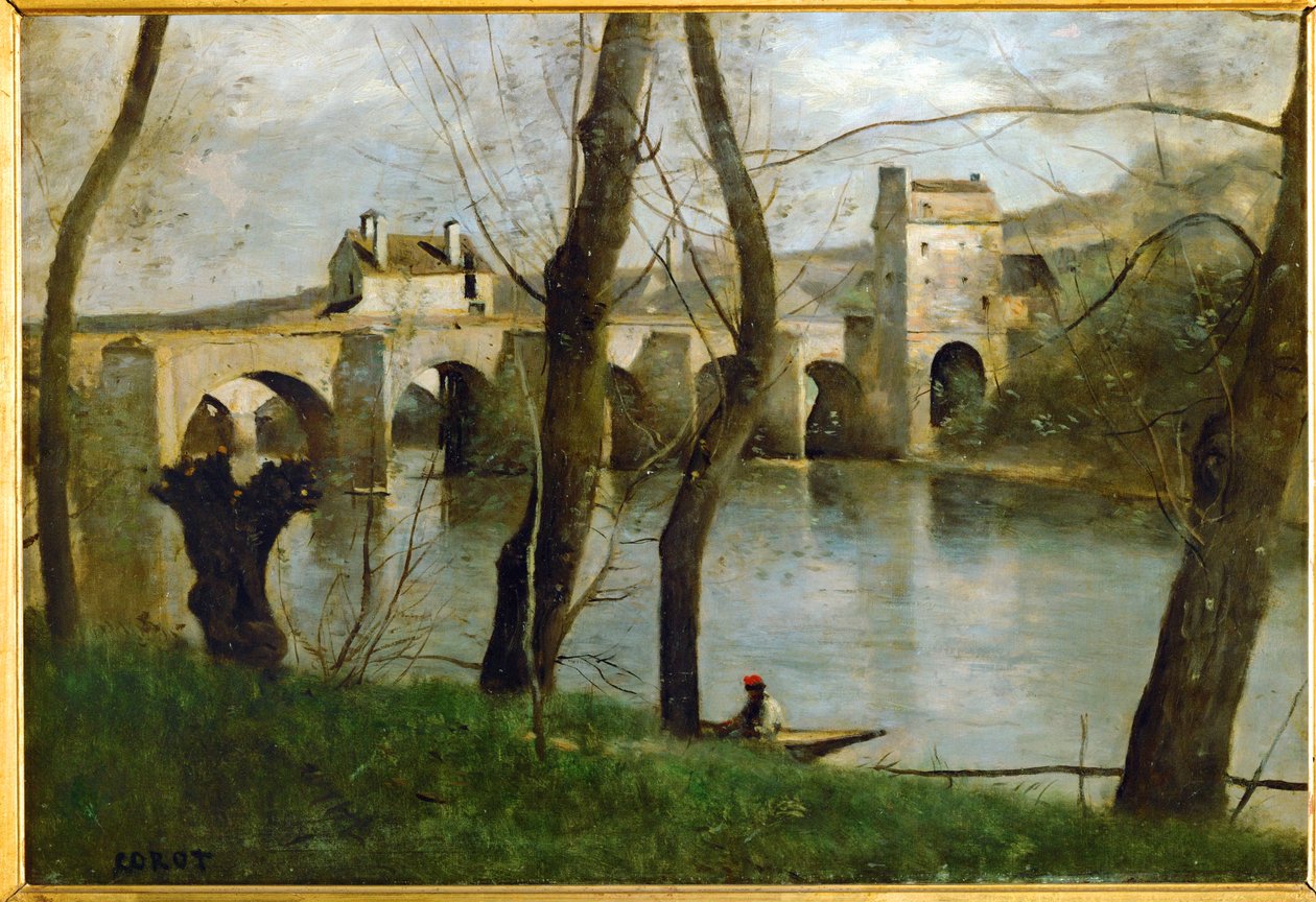 A ponte de Mantes, em França ... de Jean Baptiste Camille Corot