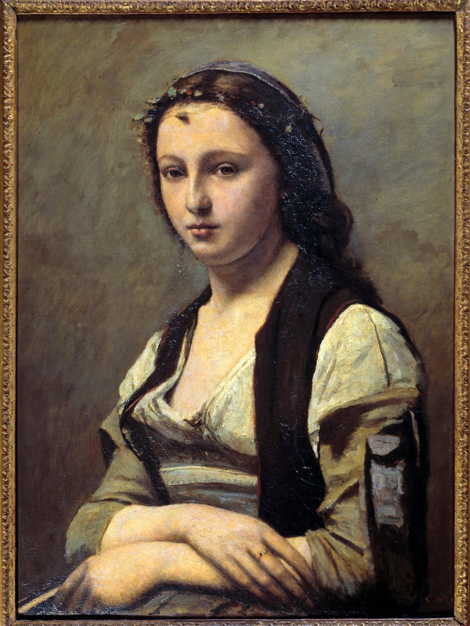 A mulher tem a pérola. Pintura de Camille Corot (1796-1875) de Jean Baptiste Camille Corot