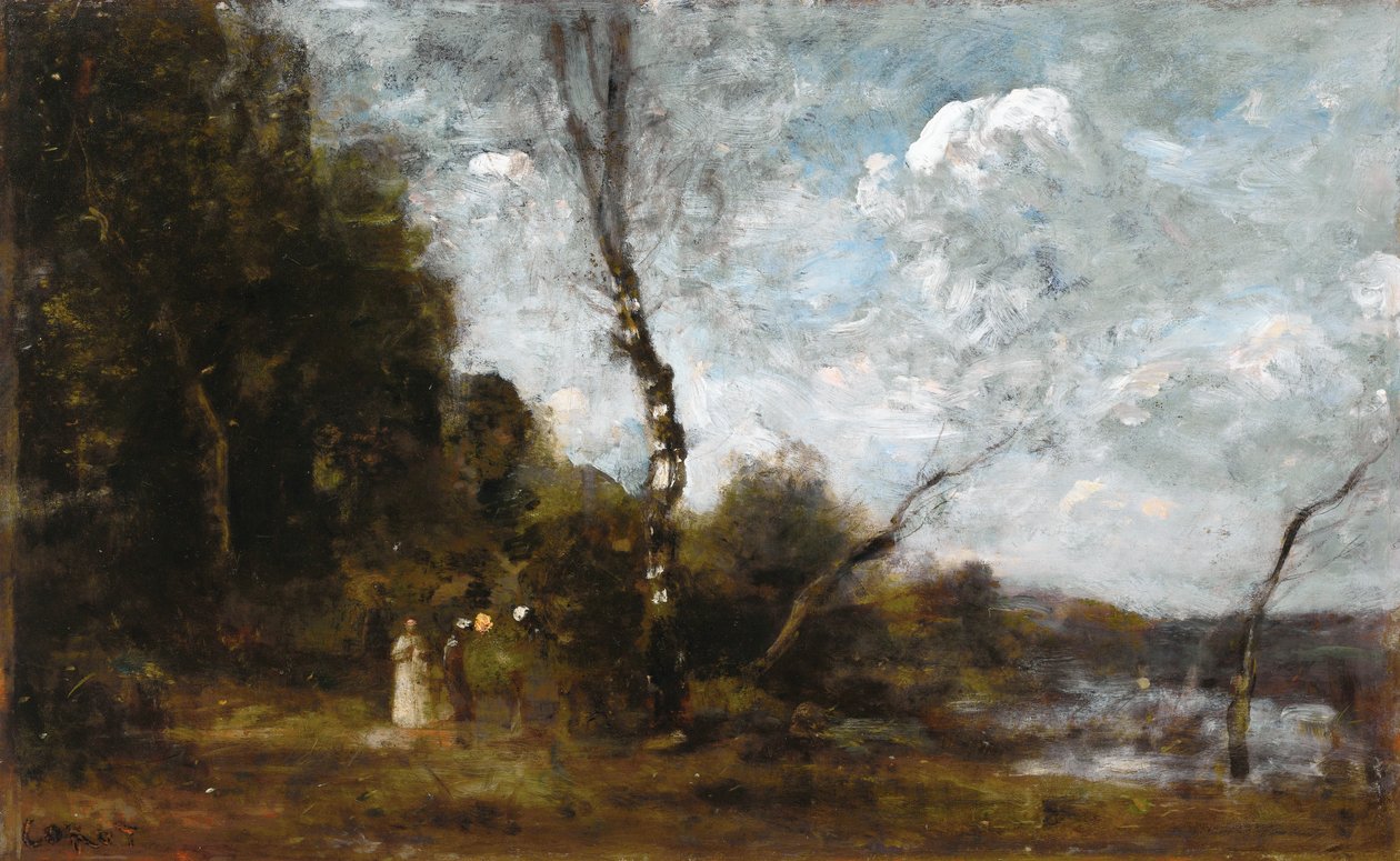 Três mulheres camponesas por um bosque de Jean Baptiste Camille Corot