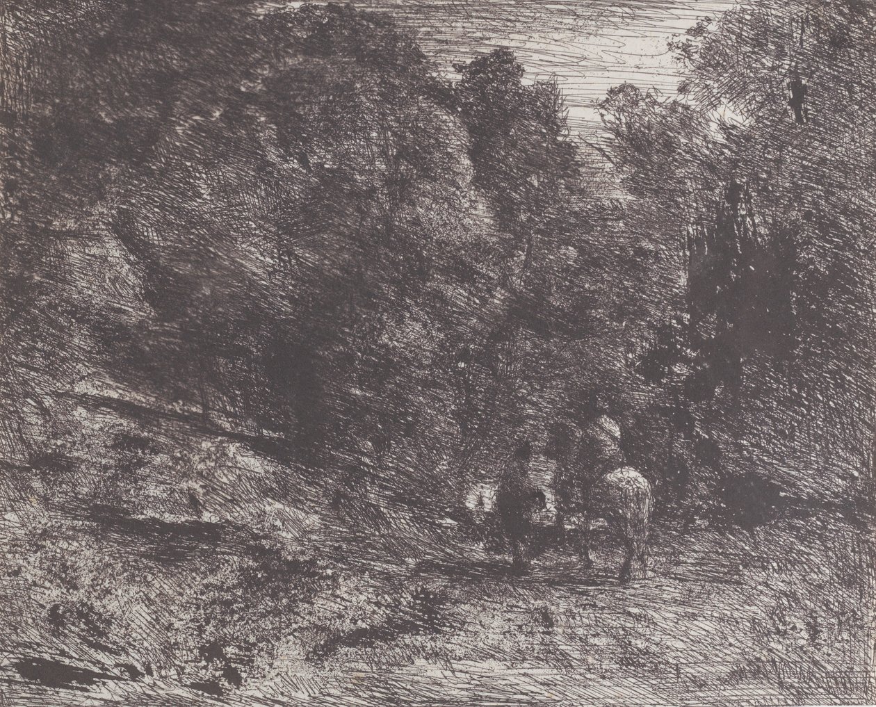 Dois Viajantes em uma Floresta O Cavaleiro na Floresta e o Pedestre, 1854. de Jean Baptiste Camille Corot