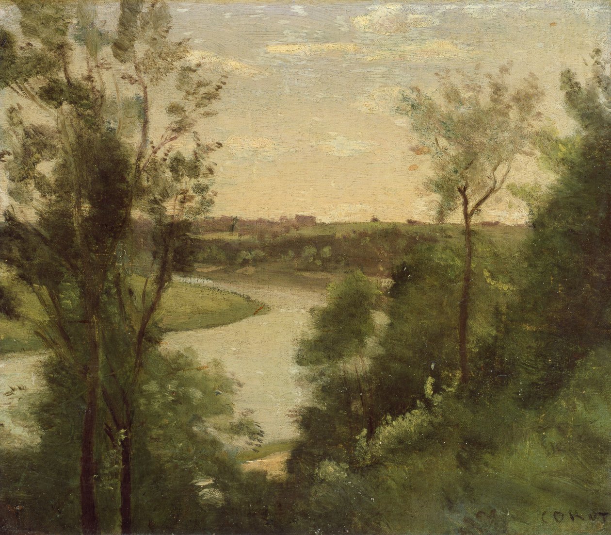 Um rio visto de cima entre as árvores de Jean Baptiste Camille Corot
