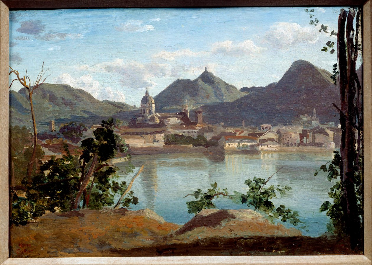 Vista do Lago e Cidade de Vir Pintura por Camille Corot (1796-1875) 1834 Coleção Privada de Jean Baptiste Camille Corot