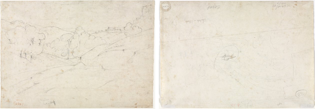 Vista de Marino (reto); Esboço para uma paisagem (verso) de Jean Baptiste Camille Corot