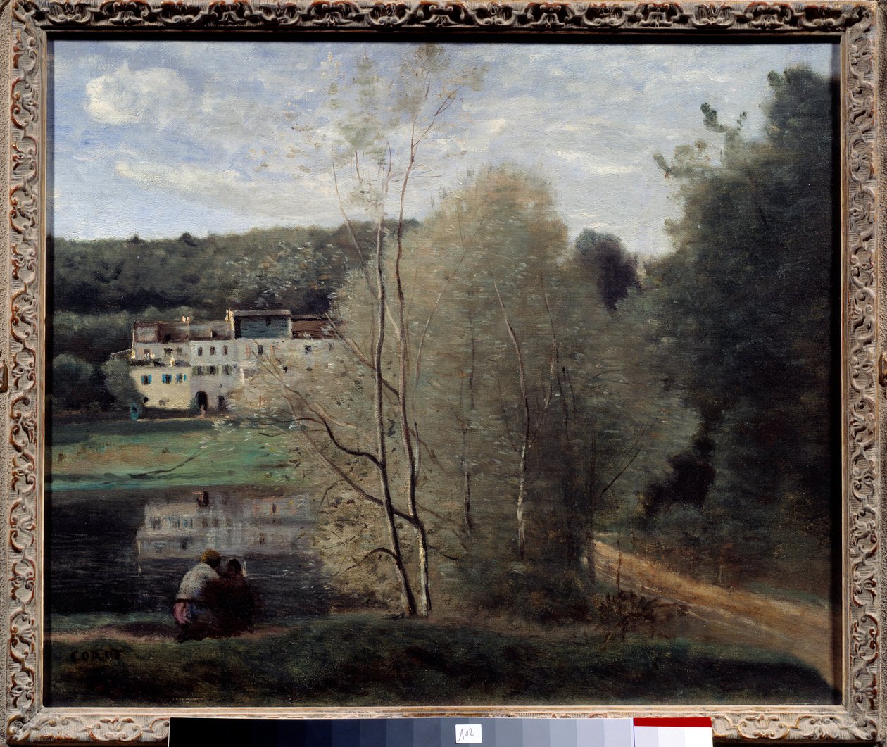Vista da Cidade de Avray, O Lago e Casa Cabassud Pintura de Camille Corot (1796-1875) 1840 Monges de escrivaninha, Centro de Arte de Jean Baptiste Camille Corot