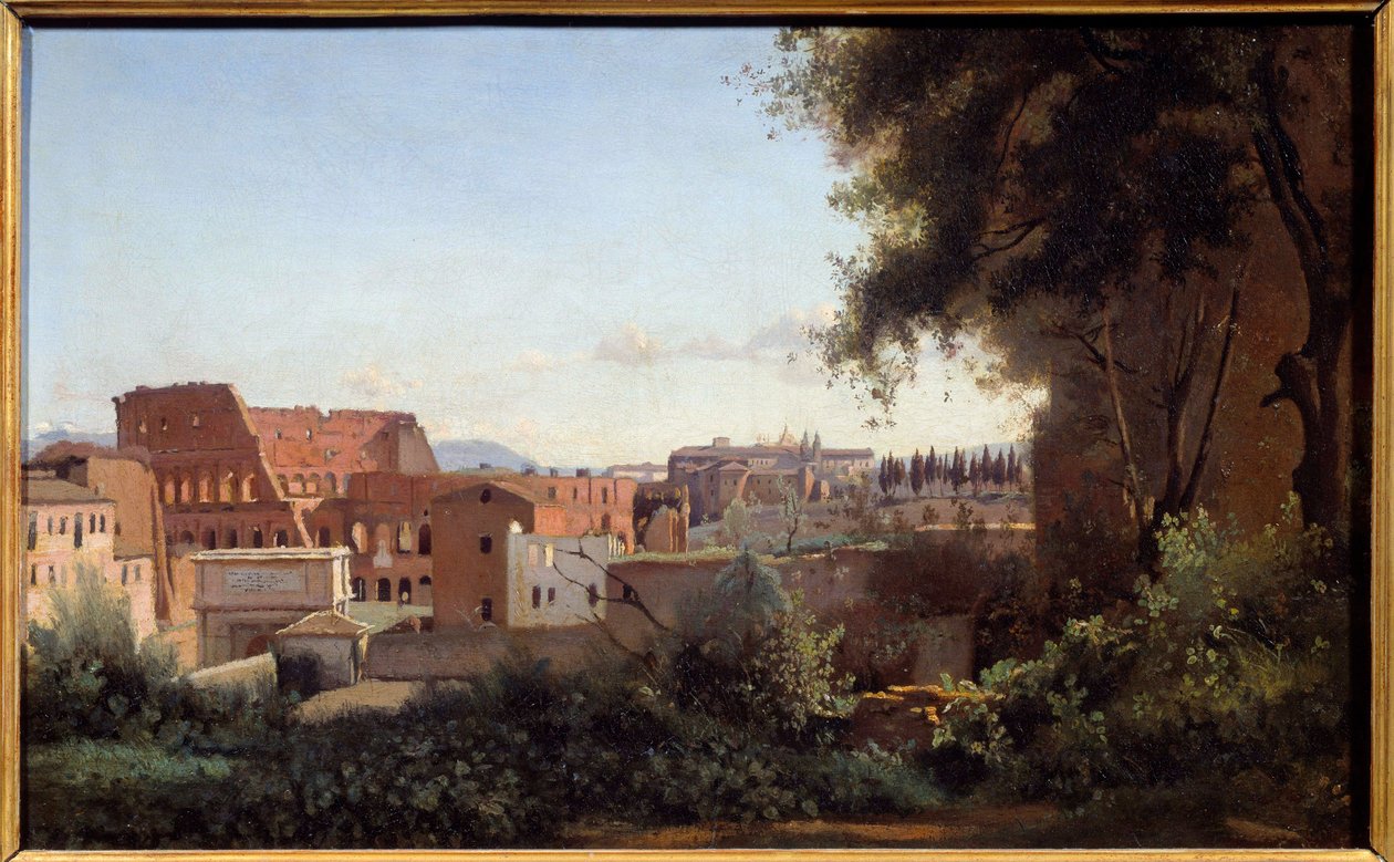 Vista do Coliseu (Coliseu) em Roma do Farnese Gardens Pintura de Camille Corot (1796-1875) 1826 Sol. 0,3x0,49 m de Jean Baptiste Camille Corot