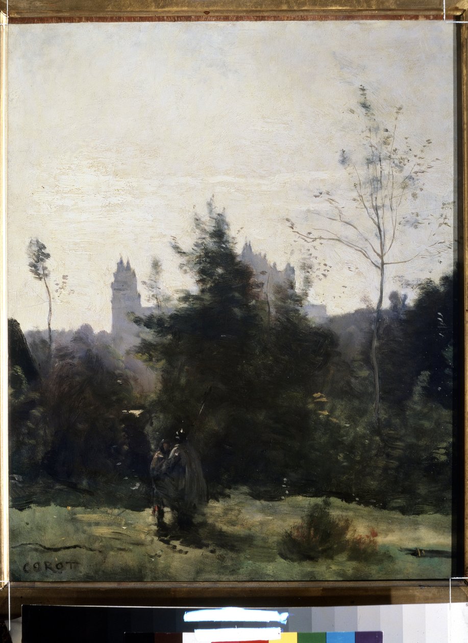 ""Vista do castelo de Pierrefonds no Oise"" Pintura de Camille Corot (1796-1875) Por volta de 1860 Pouchkine Museum, Moscou de Jean Baptiste Camille Corot