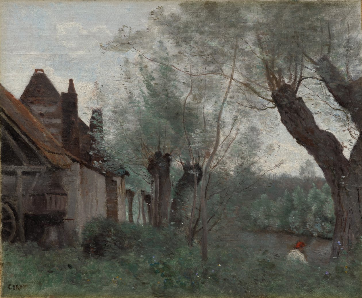 Salgueiros e casa de fazenda em Sainte-Catherine-lès-Arras de Jean Baptiste Camille Corot