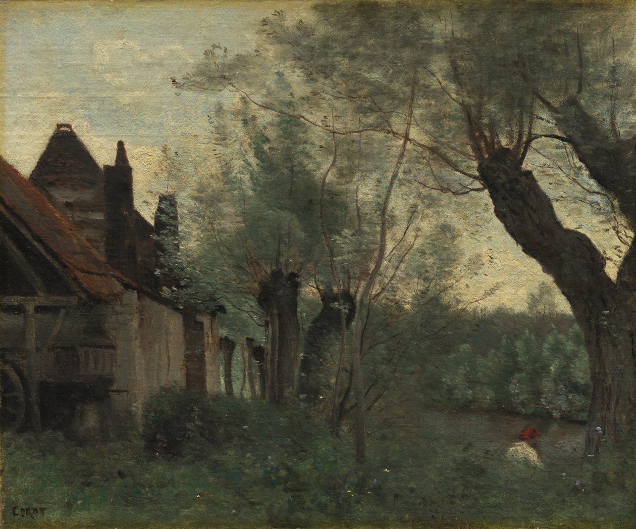 Salgueiros e casa de fazenda em Sainte-Catherine-lès-Arras, 1871. de Jean Baptiste Camille Corot