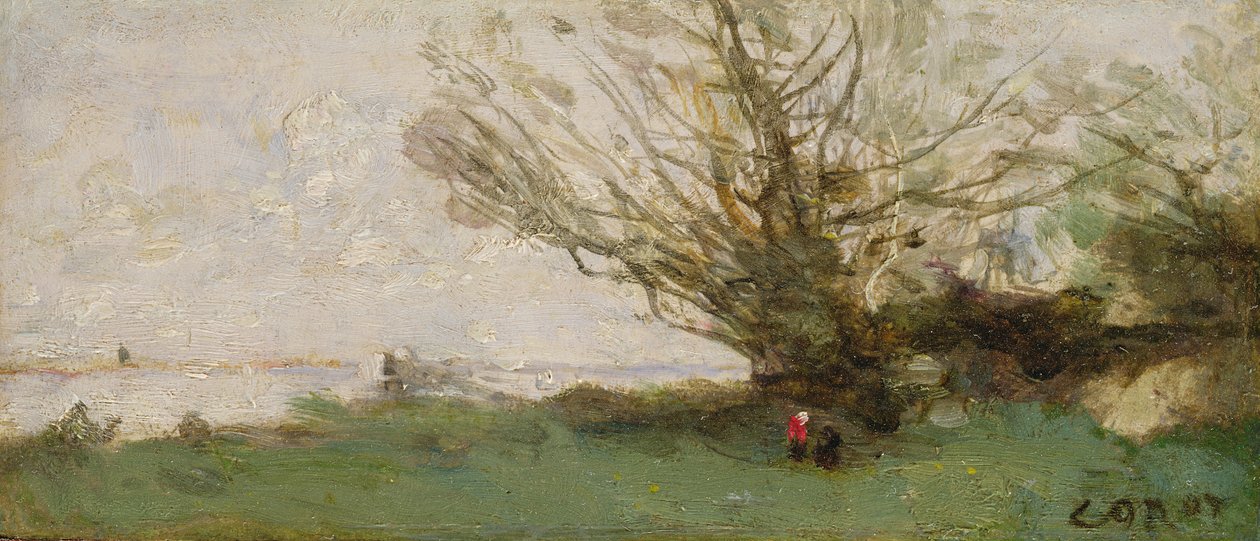 Paisagem de inverno ao lado de um lago (painel) de Jean Baptiste Camille Corot