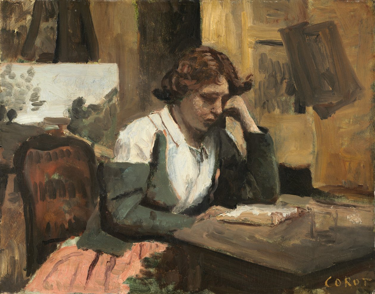Mulher lendo no estúdio de Jean Baptiste Camille Corot