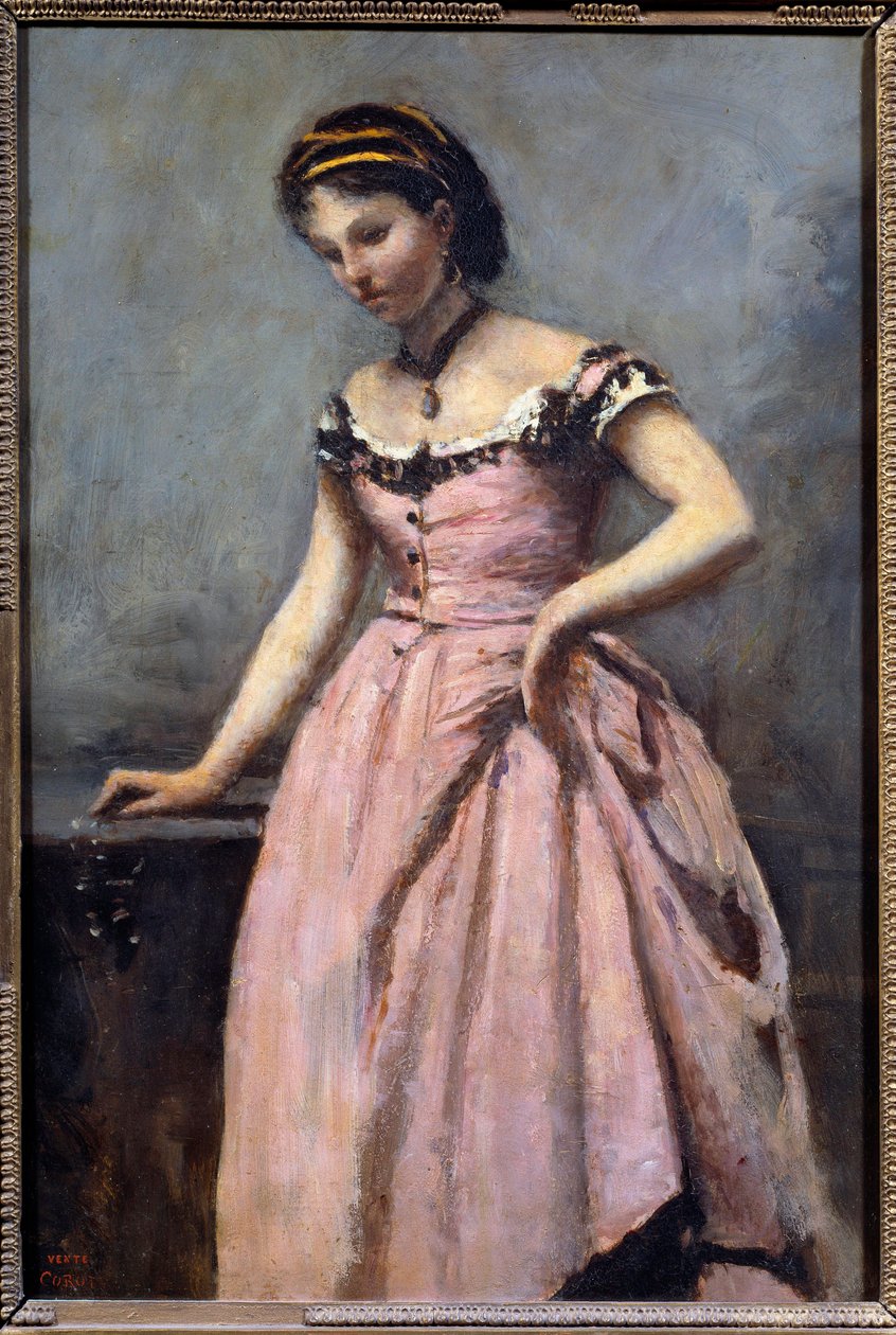 Menina com Pintura de Vestido Rosa de Camille Corot (1796-1875) Sol do século XIX. 0,46x0,32 m Paris, musee d