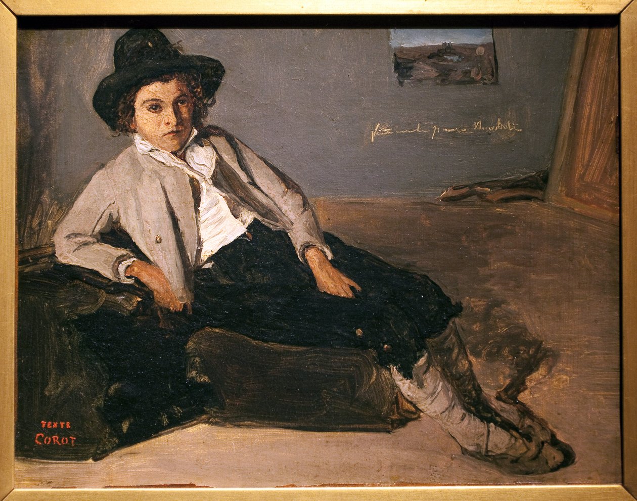 Jovem italiano sentado. Pintura de Jean Baptiste Camille Corot (1796-1875), óleo sobre papel marouflee sobre tela, cerca de 1825-1827. Musee des Beaux Arts de Reims. de Jean Baptiste Camille Corot