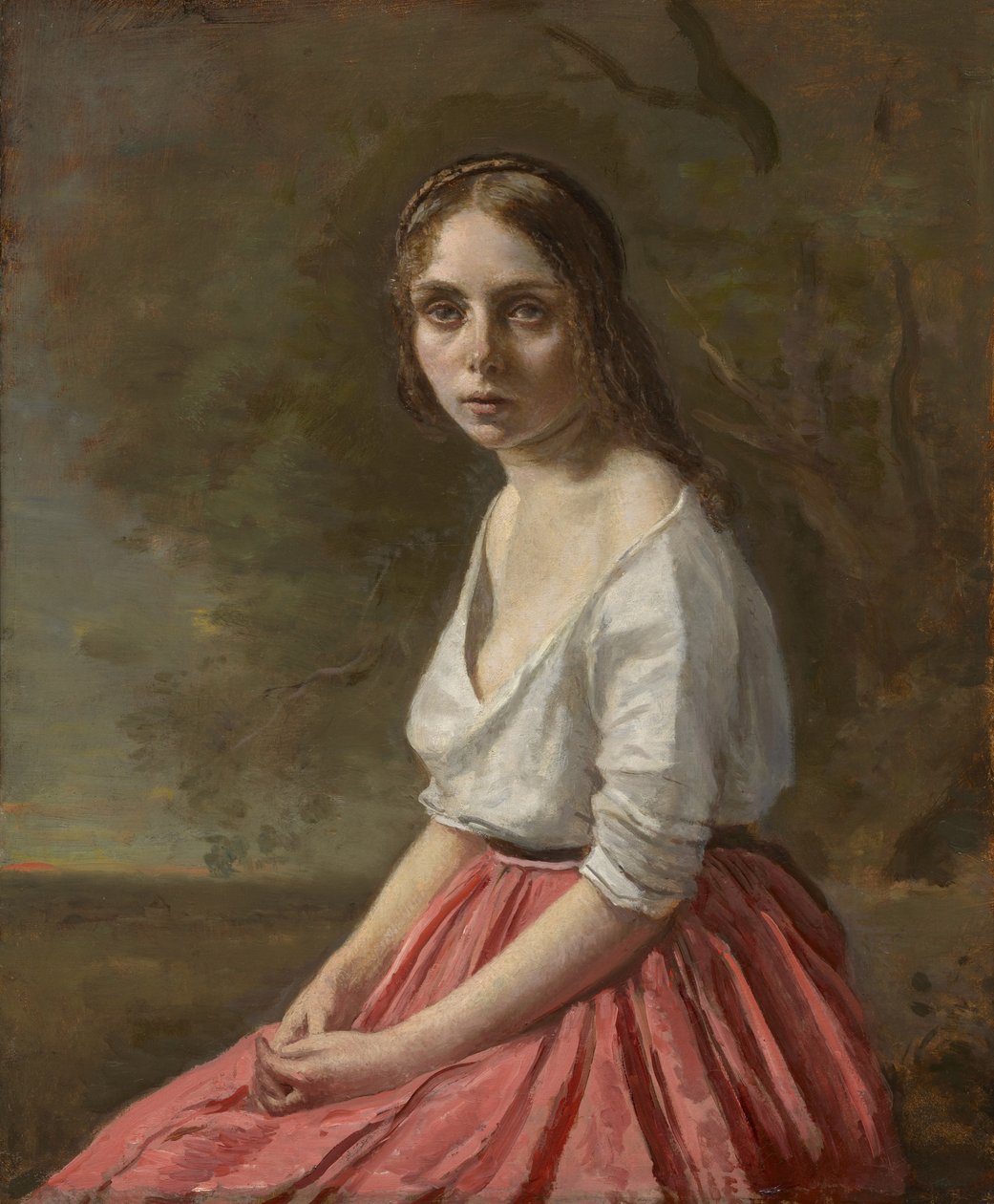 Jovem de saia rosa, c.1845-50 de Jean Baptiste Camille Corot